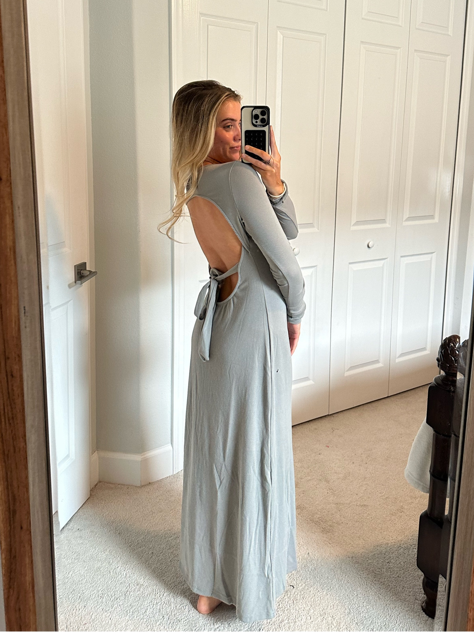 Free people Aubre open back maxi dress. Long sleeve maxi dress. Open back. Cut out maxi. Grey long sleeve dress. FP Beach. Outfit. OOTD. Fall fashion. Bodycon maxi dress 

#LTKstyletip #LTKfindsunder100 #LTKSeasonal