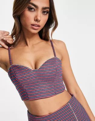 Miss Selfridge dogtooth diamante heart bust cup crop top in pink and blue - part of a set | ASOS (Global)
