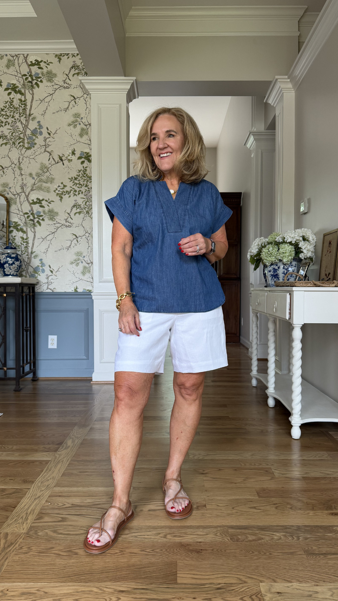 Loving this lightweight chambray top paired with classic white shorts and flat sandals for casual lunches, vacation days, errands, and relaxed summer weekends 🤍 

 #LTKootd #LTKSeasonal #LTKSaleAlert