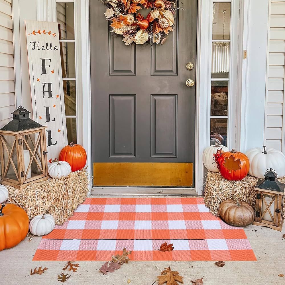 Ckorzen Orange and White Plaid Rug, 28" x 43" Halloween Outdoor Front Door Decor Mat, Cotton Hand... | Amazon (CA)