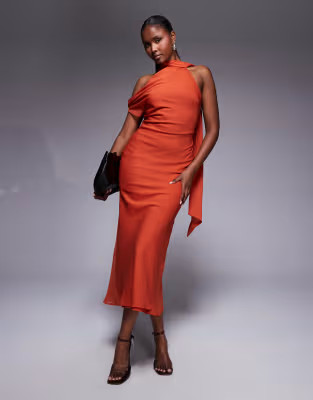 ASOS DESIGN off the shoulder scarf midi dress in red | ASOS (Global)