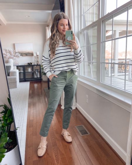 Spring outfit of the day. Striped relaxed fit sweater. Olive green chino pants. Tan mule slides.
Spring outfits. Spring style.

#LTKover40