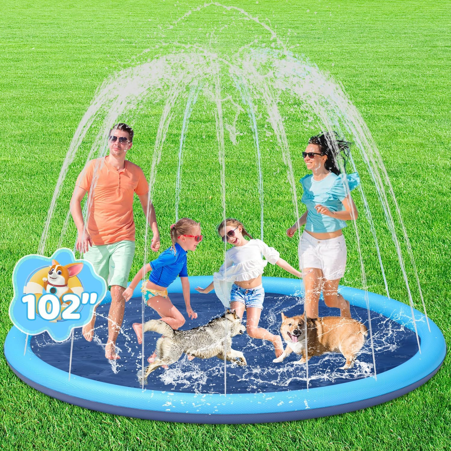 Non-Slip Large Sprinkler Splash Play Mat,Splash Pad for Kids and Dog (Blue, XXXL-102) | Amazon (US)