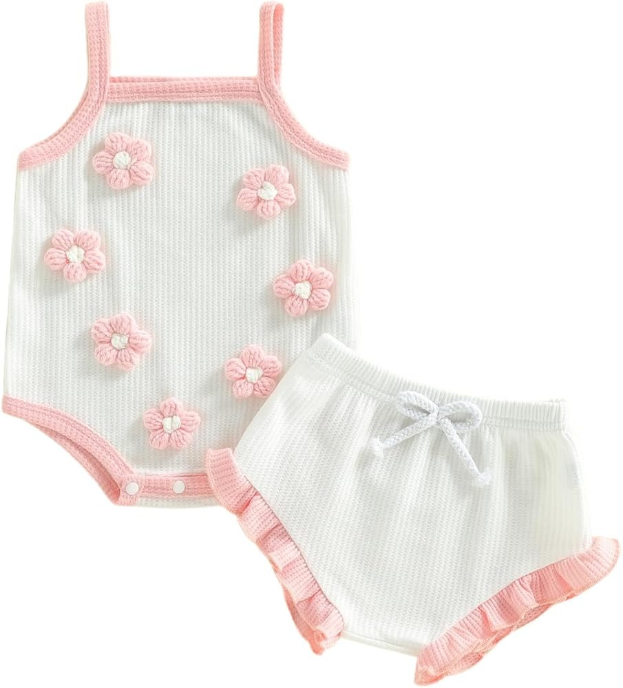 Amnnchya Newborn Baby Girl Clothes Cute Goose Outfit Infant Sleeveless Waffle Romper Tops Ruffle ... | Amazon (US)