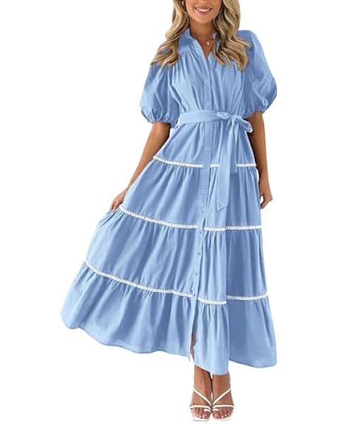 PRETTYGARDEN Womens Summer Button Down Shirt Dress Short Puffy Sleeve Tiered Ruffle Flowy Long Ma... | Amazon (US)
