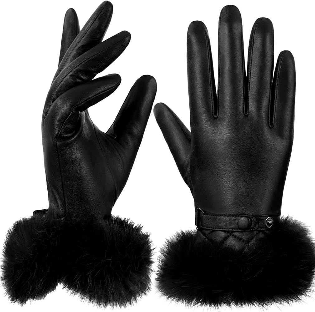 GSG Women Leather Gloves Luxury Rabbit Fur Cuff Winter Touchscreen Warm Driving Gloves | Amazon (US)