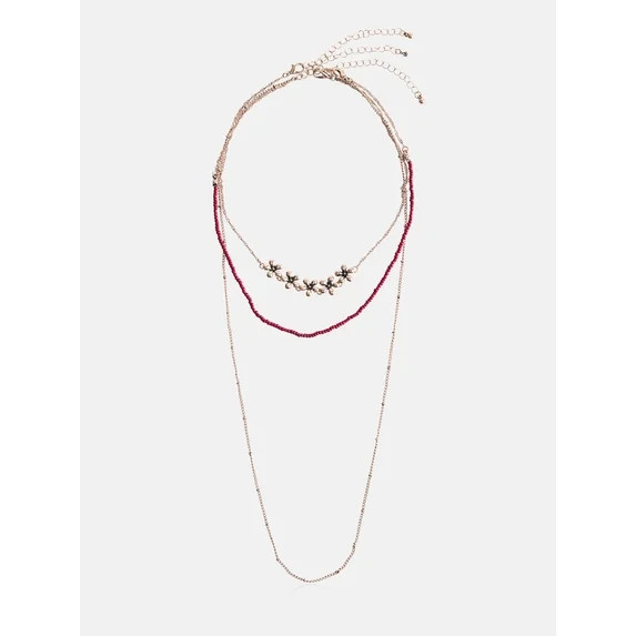 No Boundaries Women’s Beaded Flower Necklaces, Gold-Plated and Red, 3 Piece | Walmart (US)