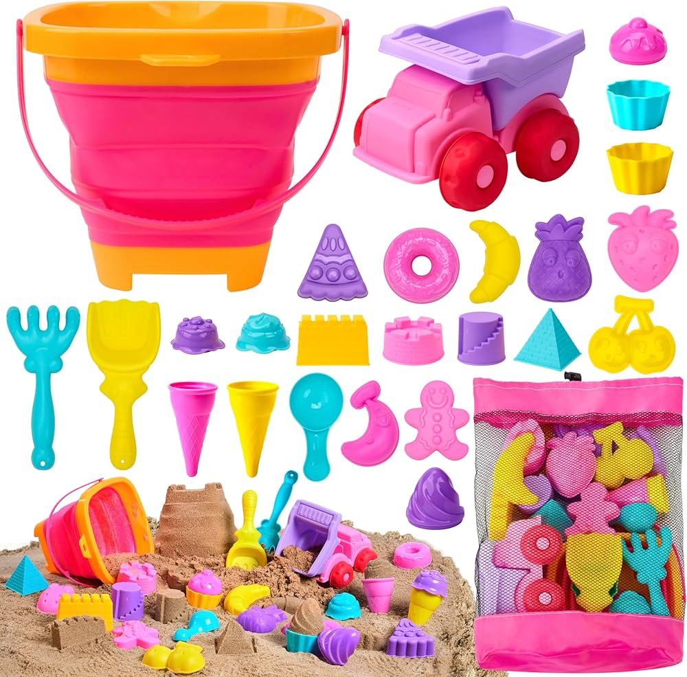 Sloosh Beach Sand Toys Set - Pink Dump Truck Car Toy with Sand Molds, Collapsible Buckets Mesh Ba... | Amazon (US)