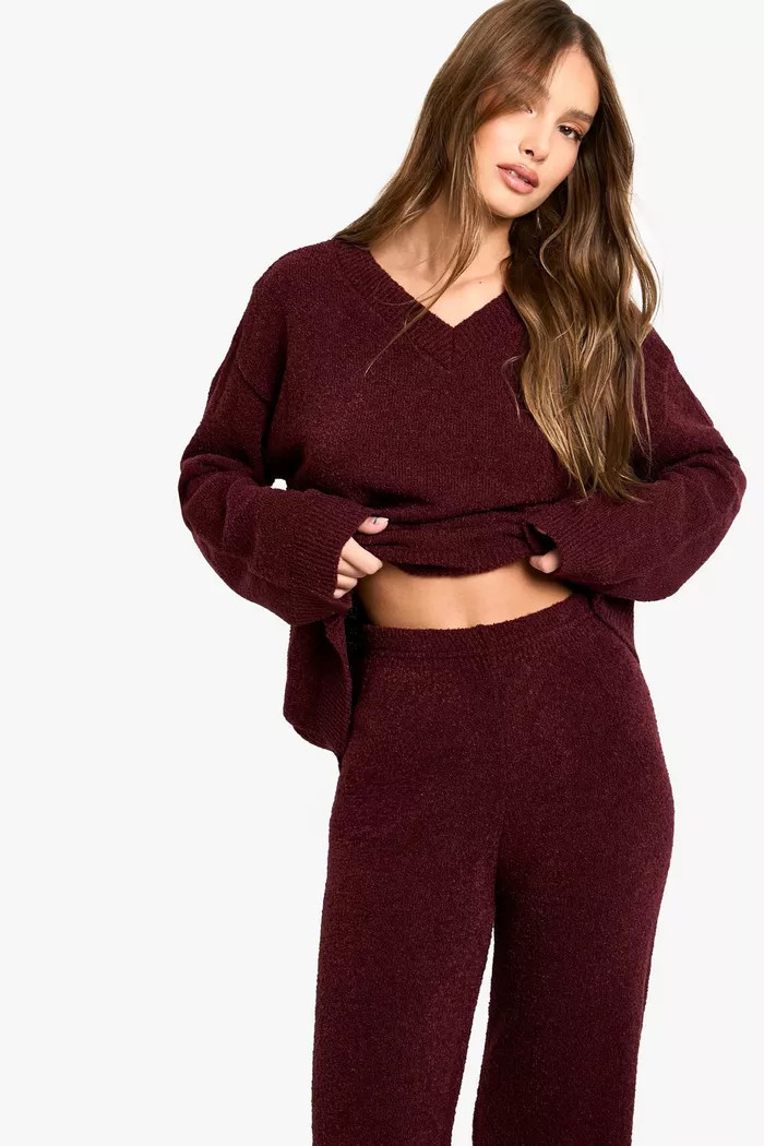 Soft Knit V Neck Jumper and Wide Leg Knitted Co-Ord | boohoo (US & Canada)