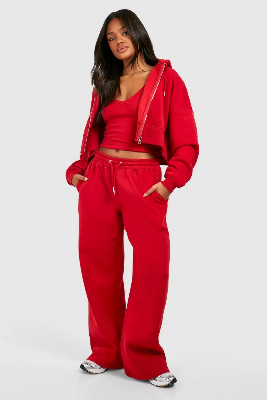 Ribbed V Neck Top 3 Piece Hooded Tracksuit | boohoo (US & Canada)