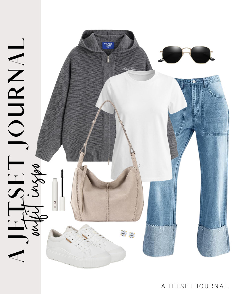 Start the next outfit by wearing this white Madewell vintage tee and PLNOTME cuffed straight-leg jeans. Layer this with a dark gray Aelfric Eden zip-up cardigan and step into Dr. Scholl’s Time Off sneakers. You can also wear these SOJOS square polarized sunglasses and apply this ILIA - Limitless Lash Mascara to complete this look. 

 #LTKSeasonal #LTKSaleAlert #LTKTravel
