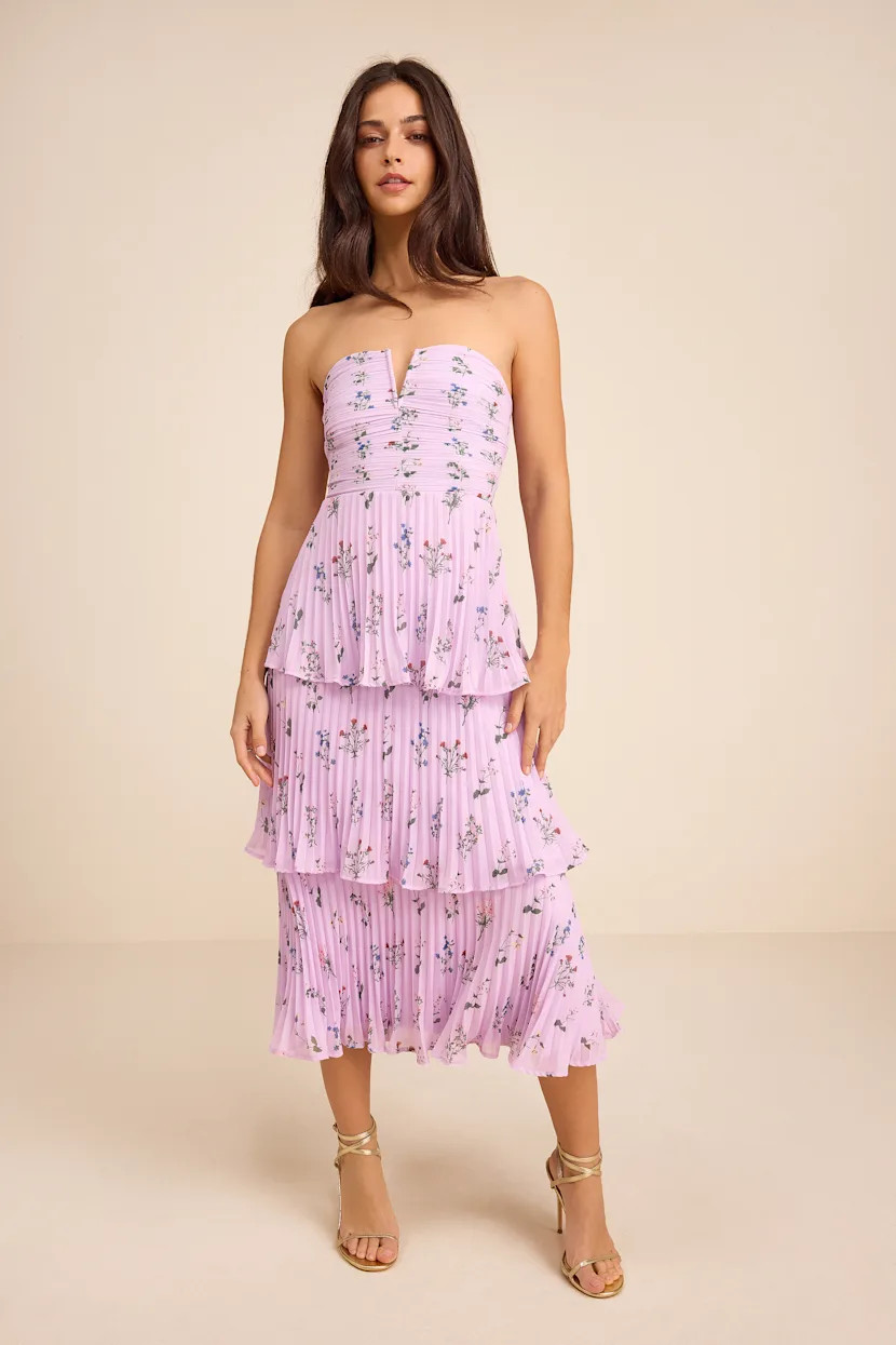 Hadelyn Lavender Floral Pleated Tiered Midi Dress | Lulus