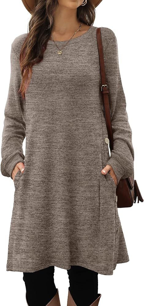 Glanzition Womens Long Sleeve Dress Fall Sweater Dresses with Pockets Side Button | Amazon (US)