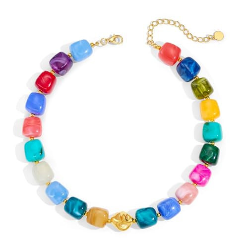Forgreafa Colorful Chunky Beaded Necklace for Women Multicolored Boho Bead Gemstone Necklaces Statement Big Resin Bead Choker Summer Necklace Jewelry Gifts | Amazon (US)