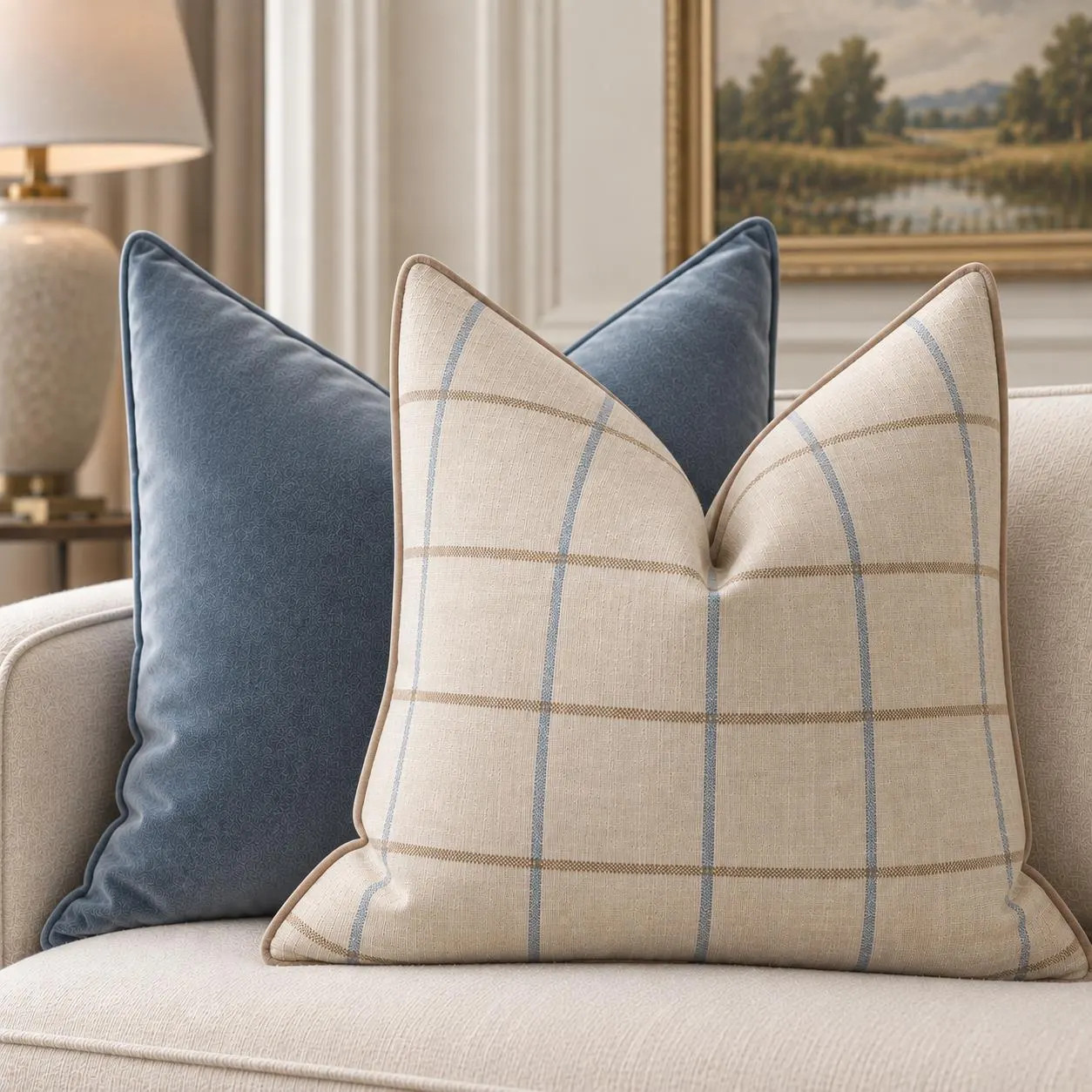 Designer Plaid Pillow Cover, Oatmeal Blue & Camel Windowpane Pillow, Linen Look Decorative Pillow, Mushroom Velvet Cording | Etsy (Global)
