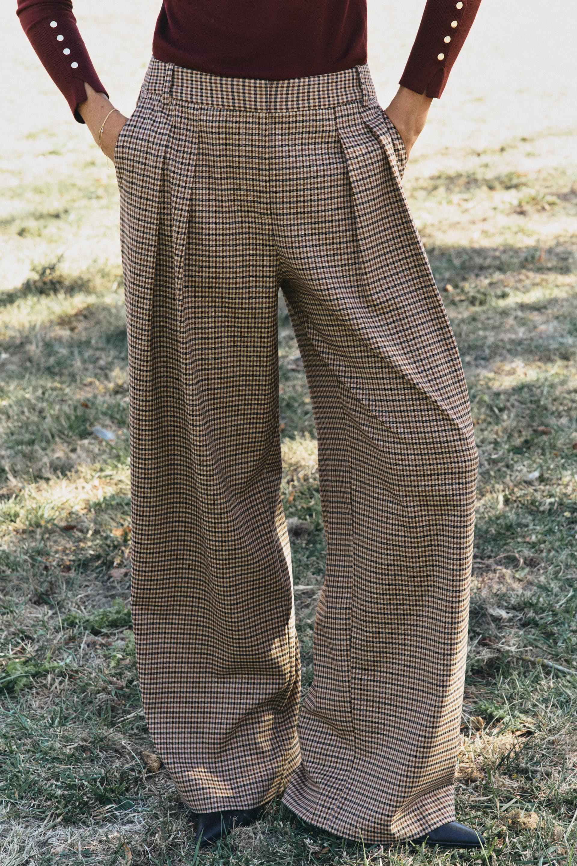Zara - Houndstooth Wide-Leg Trousers - Camel - M - Woman | Zara UK