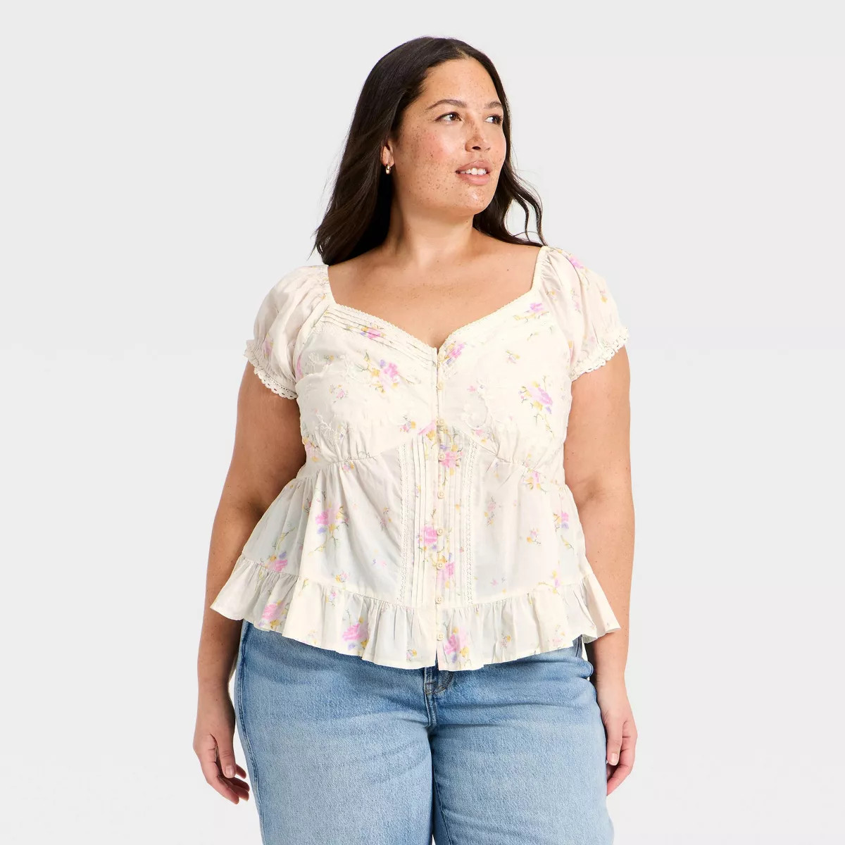 Women's Puff Short Sleeve Pintuck V-Neck Blouse - Universal Thread™ Cream Floral 3X | Target