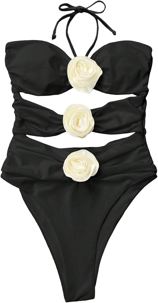 OYOANGLE Women's Halter Neck 3D Floral Appliques Sexy One Piece Swimsuit Cut Out Bathing Suit | Amazon (US)