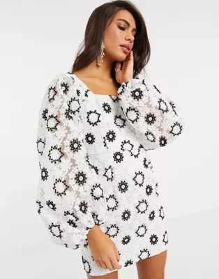 ASOS EDITION mini dress in mono embroidered organza with blouson sleeve | ASOS (Global)