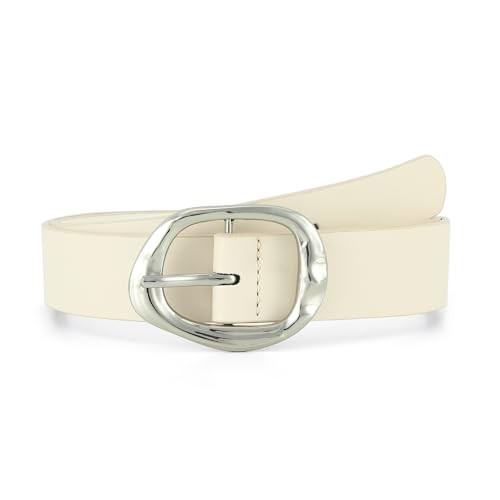 Earnda Cream Leather Belts for Women Casual Fashion Waist Belt with Liquid Shapes Silver Buckle for Jeans Pants Dresses 1.18" Width X-Small | Amazon (US)