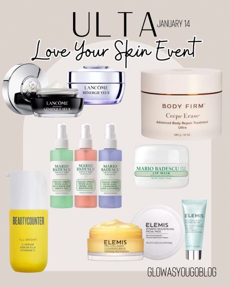 Ulta Love Your Skin Event January 14! 50% off daily beauty steals and 30% off weekly deals.

Beautycounter. Lancôme. Crepe Erase. ELEMIS. MARIO BADESCU


#LTKbeauty #LTKsalealert