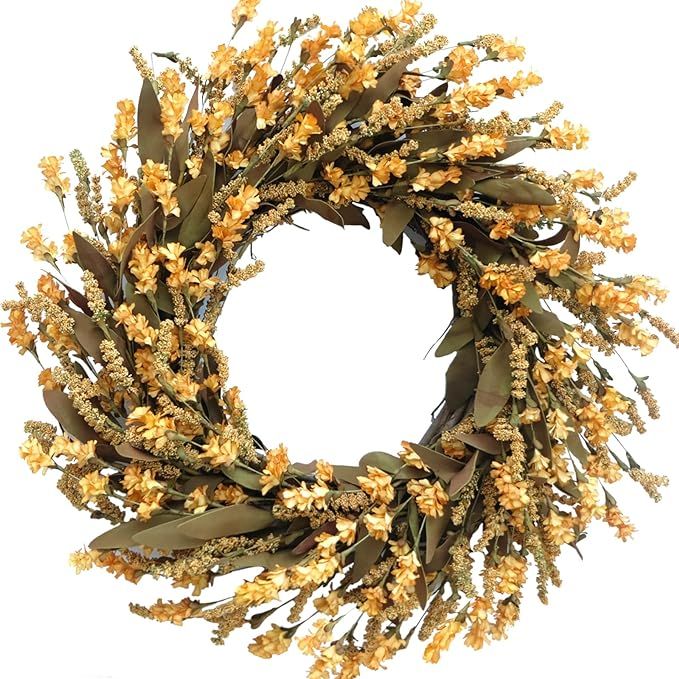 TEMPUS 20" Artificial Mustard Flower String Wreath Fall Mustard Harvest Wreath Fall Leaves Grain ... | Amazon (US)