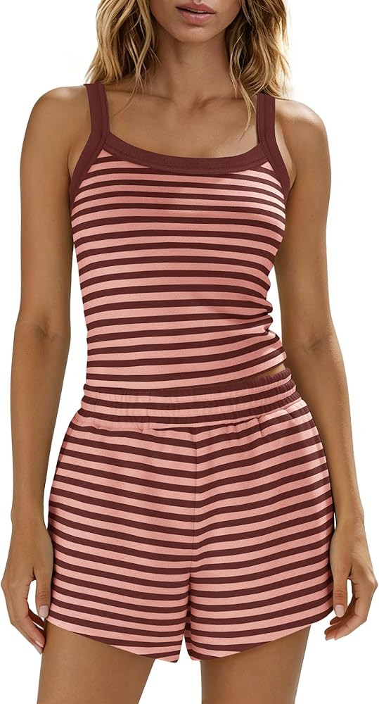 Panadila Women Striped Lounge Set 2 Piece Shorts Sets Spaghetti Strap Tank Top High Waisted Short... | Amazon (US)