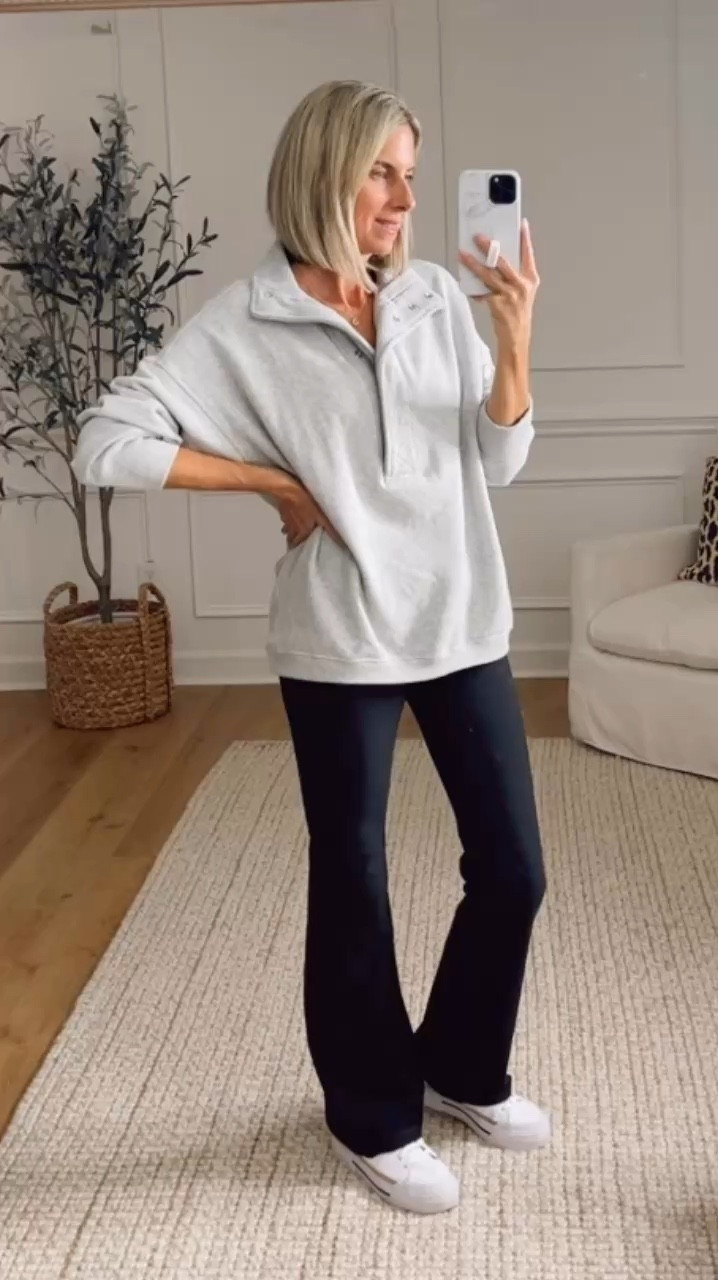This oversized sweatshirt is warm and cozy! It has a fleece lining and functional snaps. I love the big collar and oversized fit. Long enough for leggings. Runs big. Wearing an XS. Flare leggings in a small. 
Nike court legacy lift sneakers fit true to size. 





Aerie outfits 
Casual outfit ideas 
Fall outfits 


#LTKVideo #LTKStyleTip #LTKSaleAlert