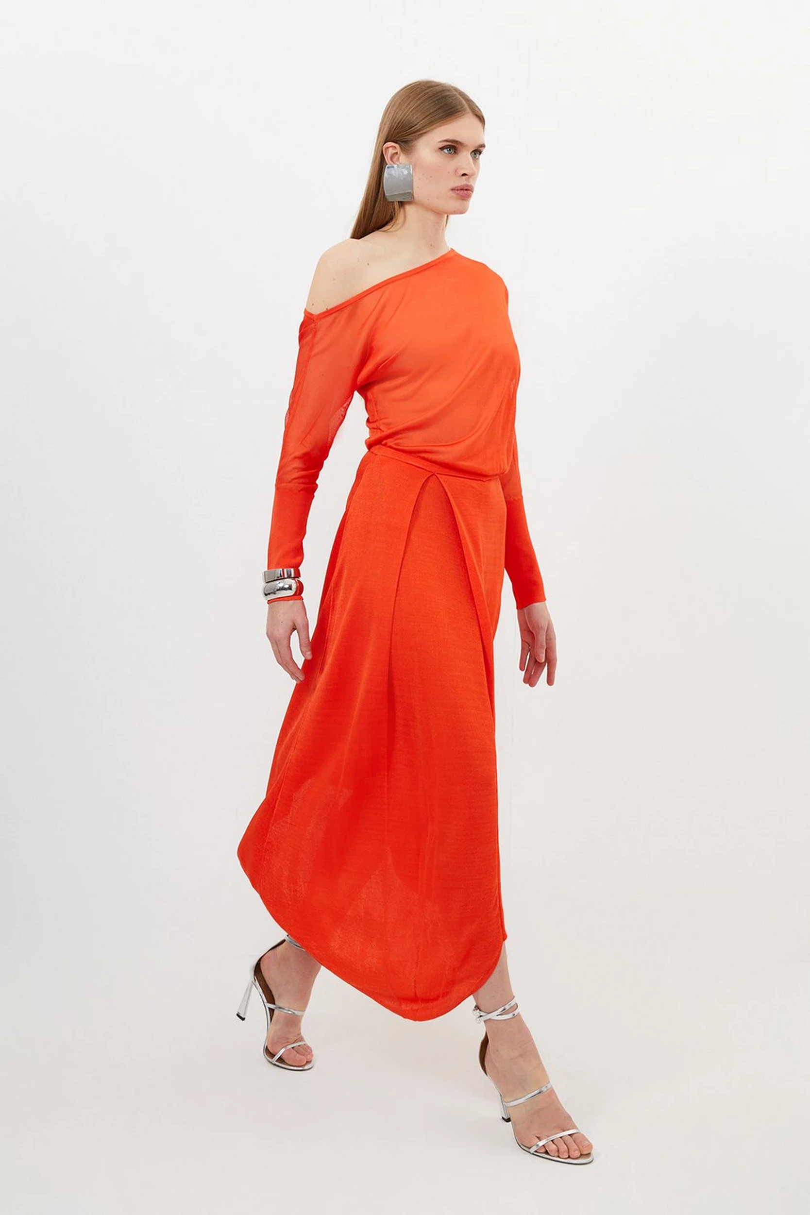 Slinky Viscose Blend Off Shoulder Asymmetric Midaxi Dress | Karen Millen UK + IE + DE + NL