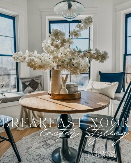 Simple & pretty Breakfast Nook Easter Styling 🐣 

🏷️ cherry blossom florals arrangement , afloral stems , kitchen nook , black chairs , round rug , accent pillows , throw pillows , neutral decorr

#LTKSeasonal #LTKhome