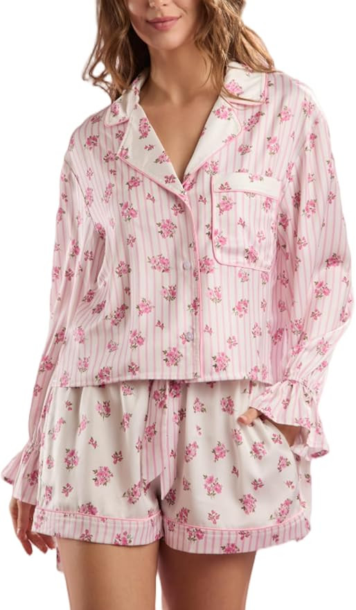 LILTWIST Cute Bow Pajamas for Women Silk Satin Y2k Floral Print 2 Piece Pjs Bow Tie Long Sleeve S... | Amazon (US)
