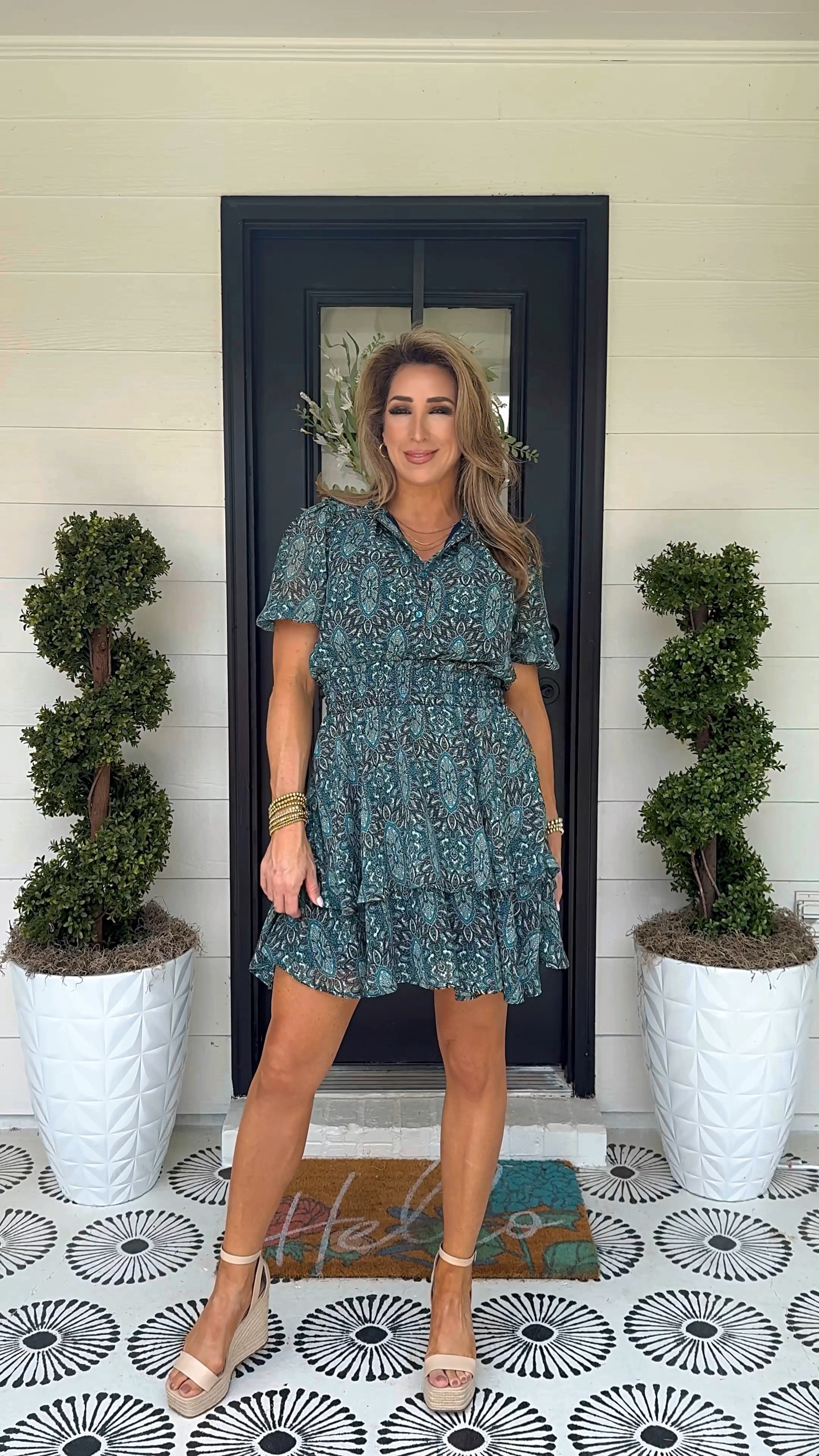 Short sleeve spring dress, teal blue floral dress, wedding guest dress, baby shower guest, summer dress, smocked waist dress, spring outfit, summer outfit, workwear dress, sandals

#LTKover40 #LTKVideo #LTKstyletip
