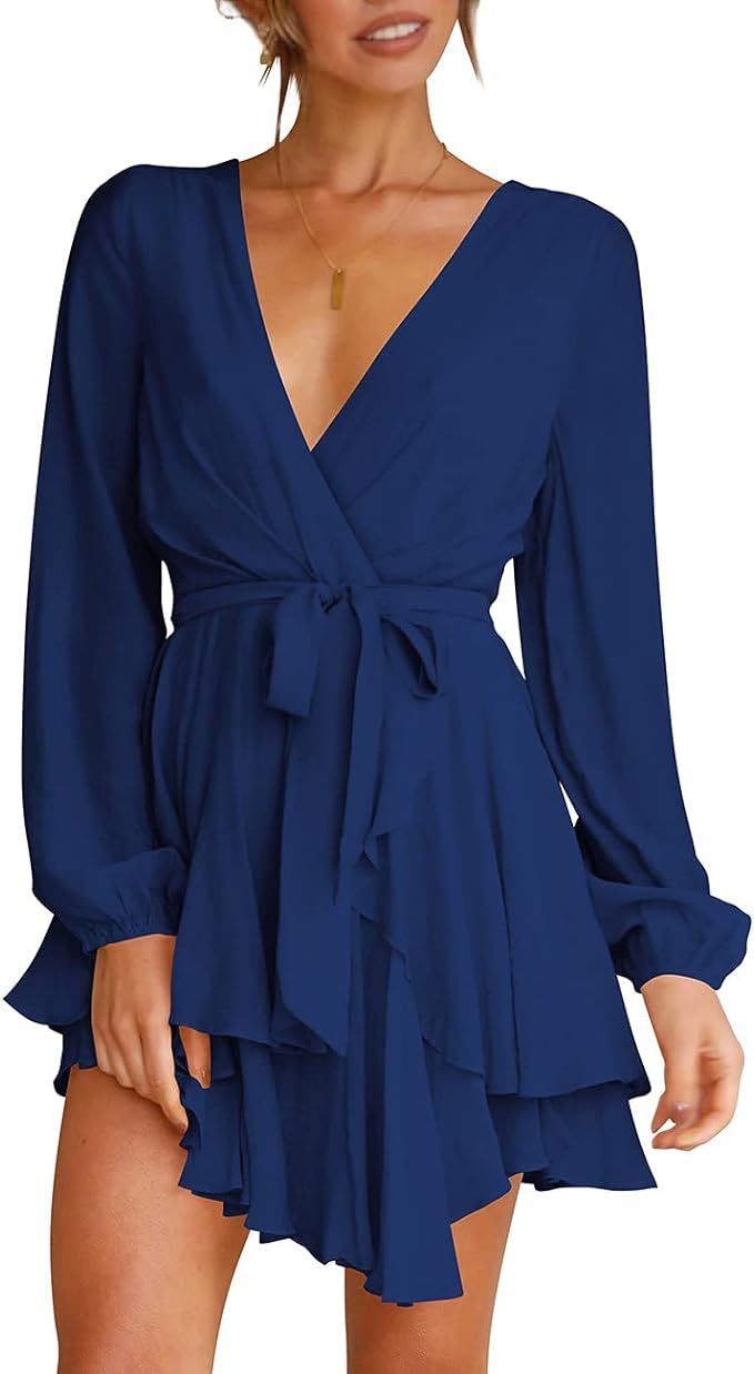 Cosonsen Womens Party Dress Deep V-Neck Long Sleeve Tie Waist Mini Dresses Navy Blue L at Amazon ... | Amazon (US)