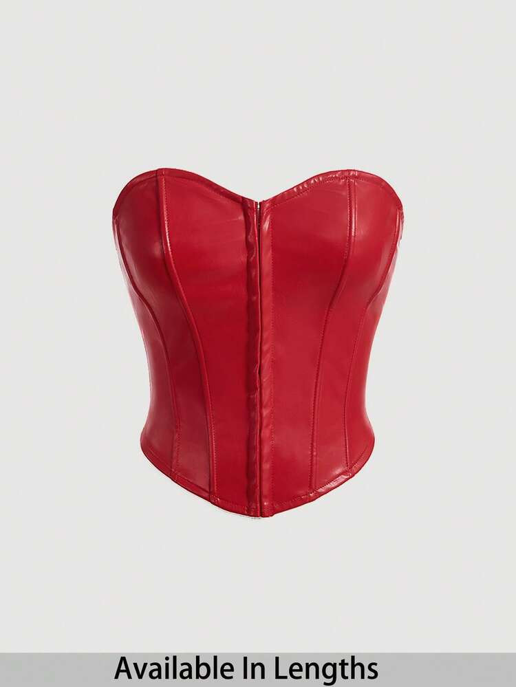 SHEIN Tall CURVE Plus Size Solid Center Front Button Decoration PU Leather Black Tube Top Red | SHEIN