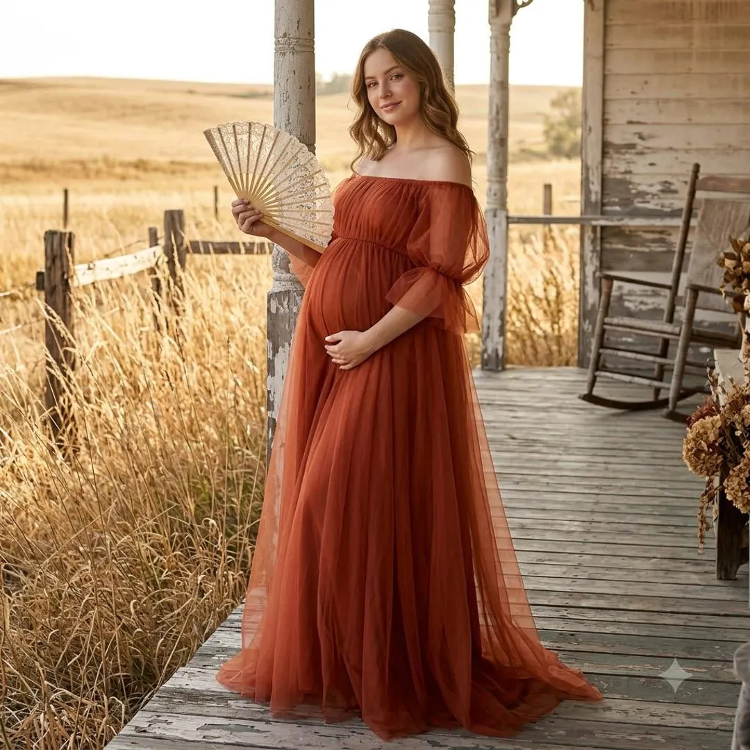 Maternity Maxi Dress Rust Off Shoulder Long Sleeve Flowy Pregnancy Gown Baby Shower Photography D... | Etsy (Global)