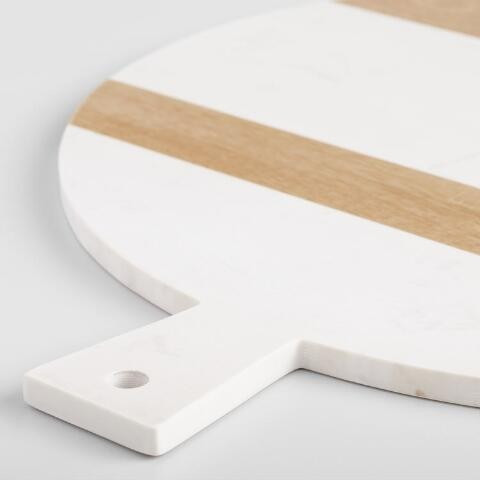 Large Round White Marble and Wood Paddle Cutting Board | World Market