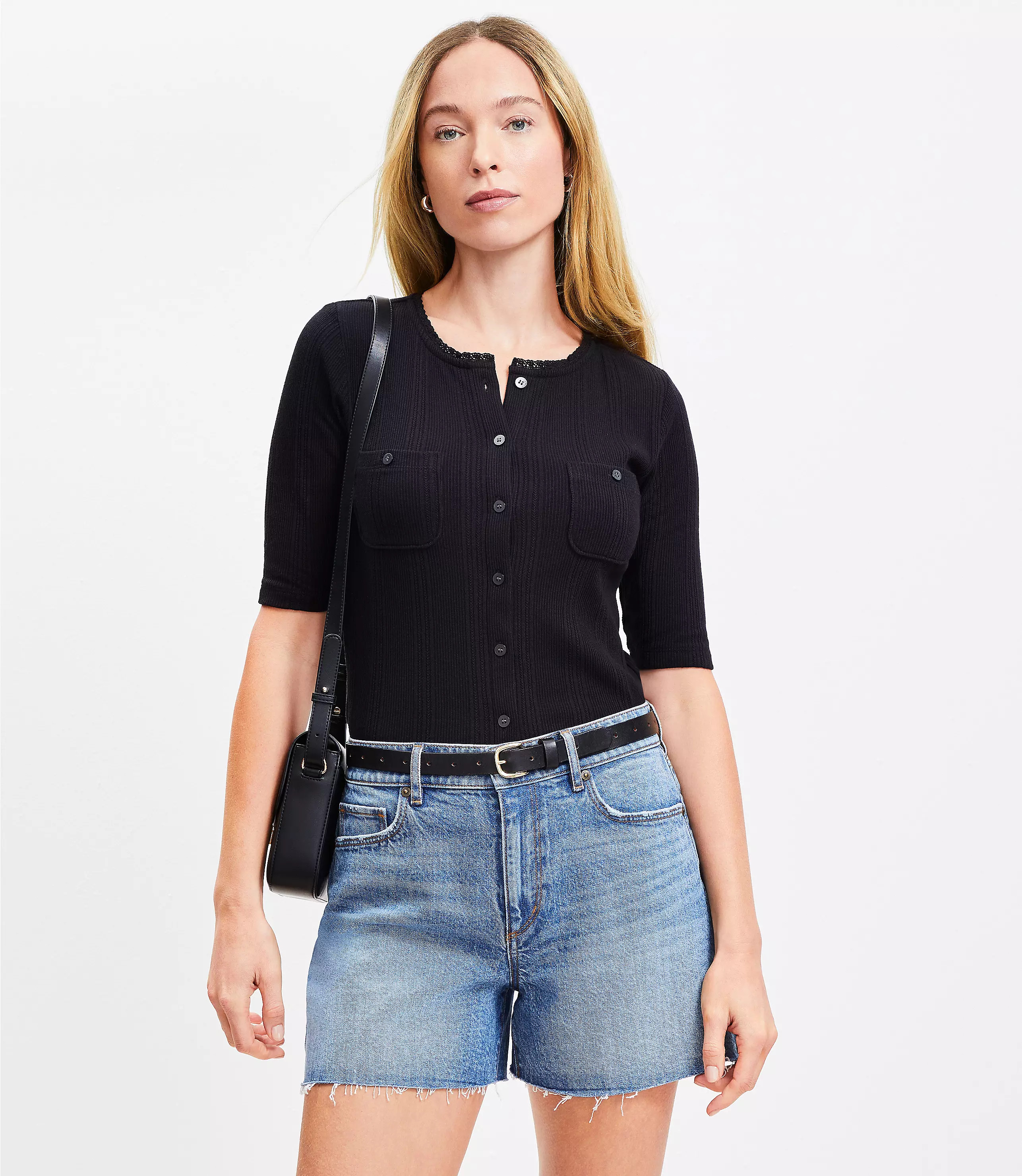 Destructed High Rise Cut Off Denim Shorts in Authentic Dark Wash | LOFT