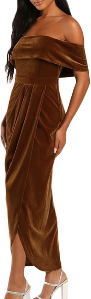 Realtix Elegant Velvet Ruched Bodycon Wrap Off The Shoulder Dresses for Women Sexy High Slit Cock... | Amazon (US)