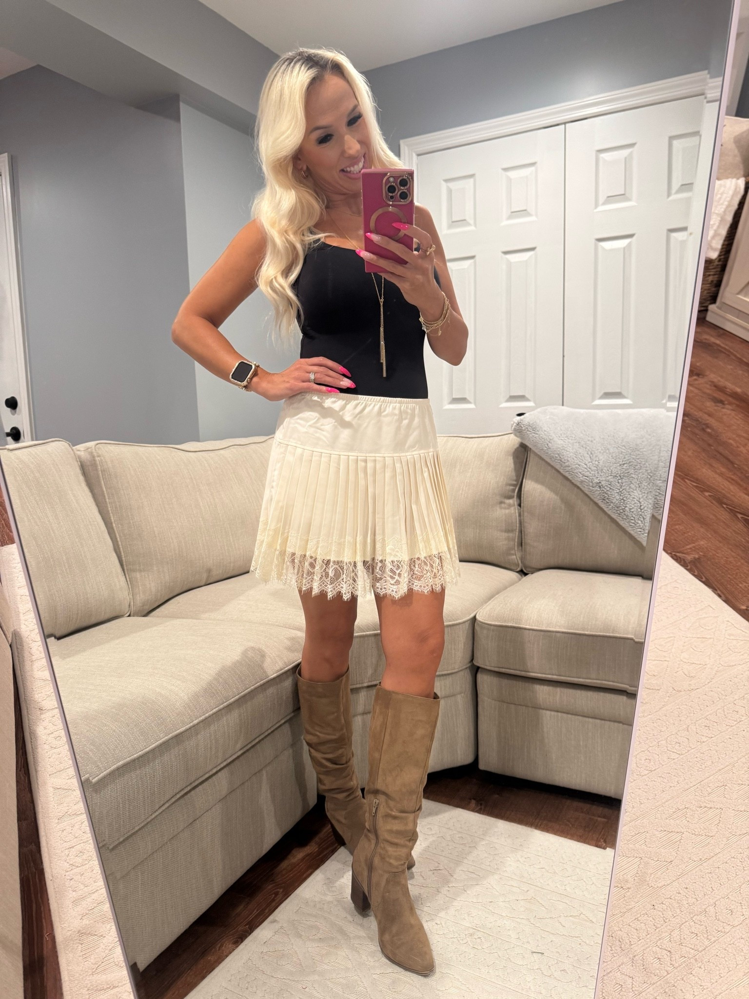 Walmart fall outfit 🤎✨ This pretty Walmart lace mini skirt is such a good fall find! I paired it with a fitted black top and knee high boots for an easy feminine look that would be perfect for date night, girls’ night, dinner, fall events or a cute weekend outfit. Linking the full look + similar finds! 🍂

#LTKdayinmylife #LTKootd #LTKSeasonal