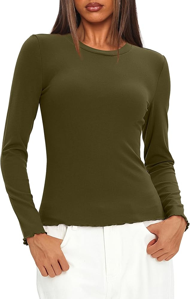 Darong Women Long Sleeve Shirts Slim Fit Tops Basic Tee 2025 Cute Lettuce Trim Undershirt Going O... | Amazon (US)