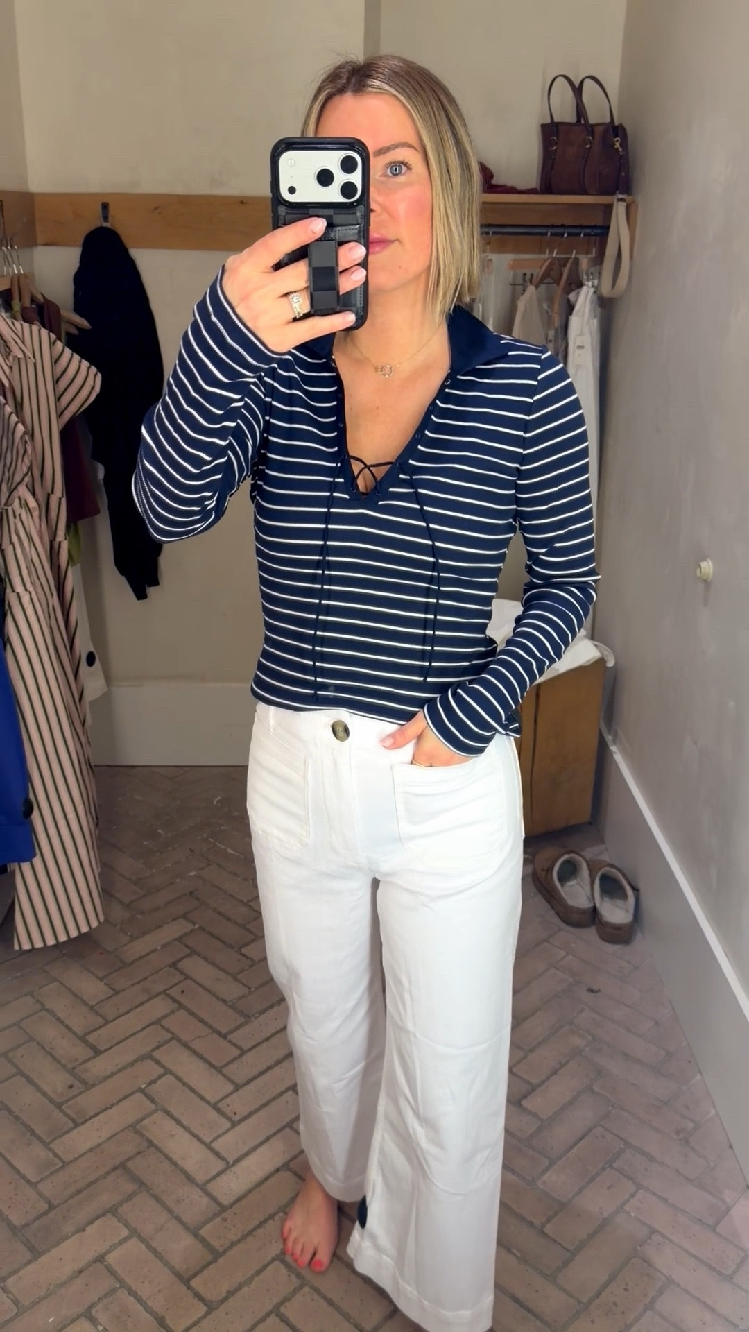 This shirt is 30% off right now at @Anthropologie I ended up buying the camel/vanilla stripe one online. It’s so comfortable. 

#LTKSeasonal #LTKOver40 #LTKSaleAlert