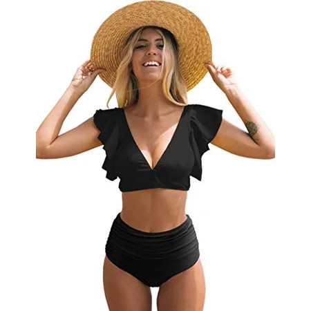 SPORLIKE Women Ruffle High Waist Swimsuit Two Pieces Push Up Black Bikini (Black Medium) | Walmart (US)