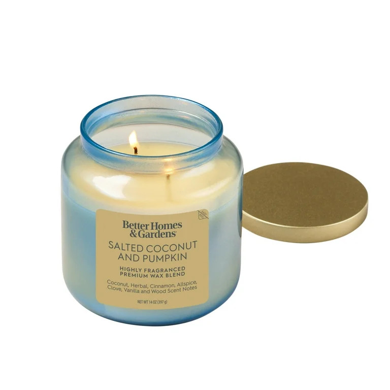 Better Homes & Gardens 2-Wick Blue Glass Jar Candle with Gold Lid, Salted Coconut & Pumpkin, 14oz... | Walmart (US)