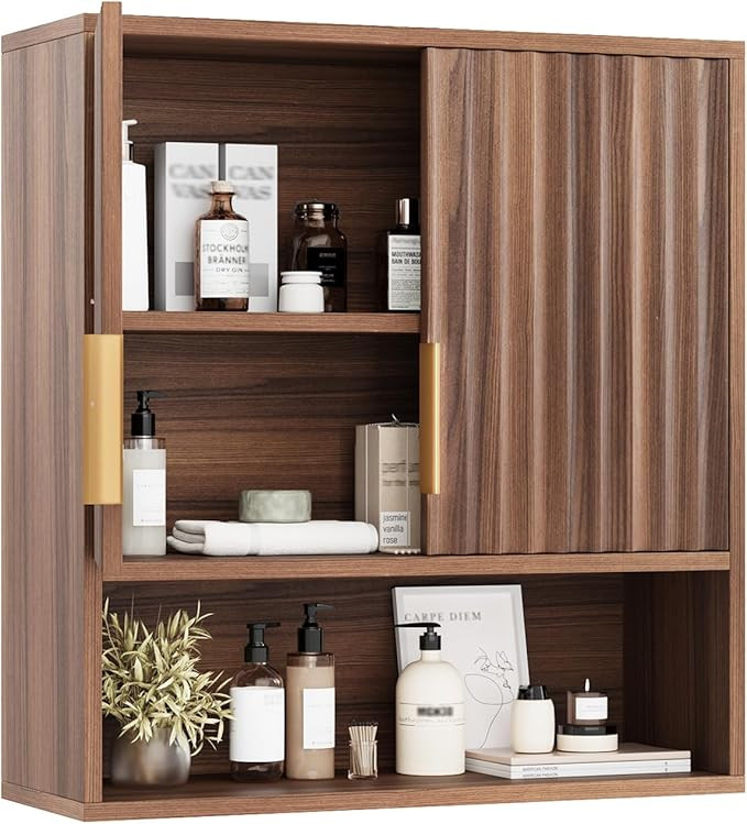 VINGLI Bathroom Wall Cabinet, Walnut Fluted Medicine Cabinet with Doors, Wall Mounted Storage Cab... | Amazon (US)