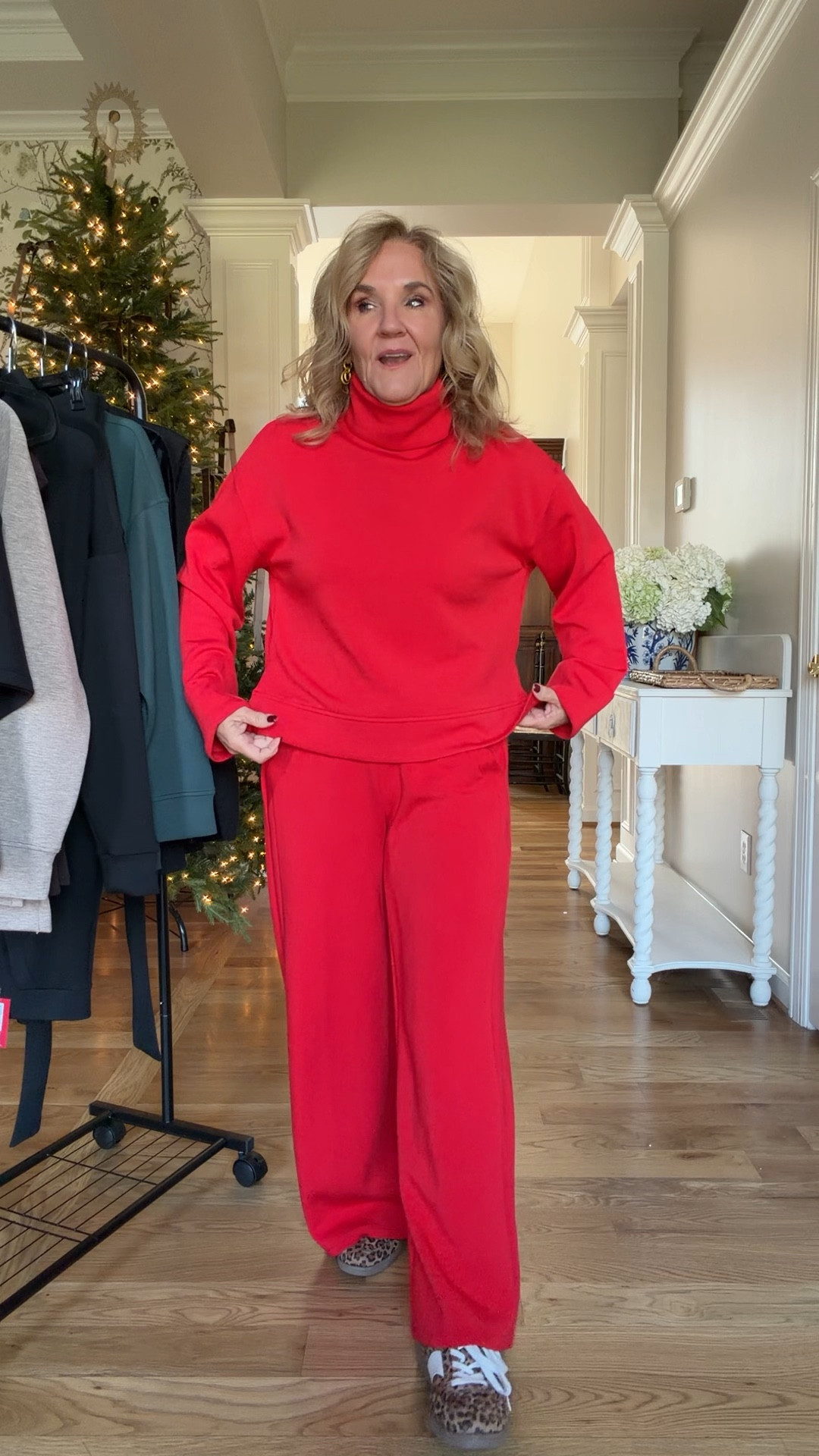 These are the air essentials track pants size medium petite. 
Turtleneck size medium 
30% off! 
Spanx red will match all the different styles! 

#LTKOver40 #LTKTravel #LTKootd