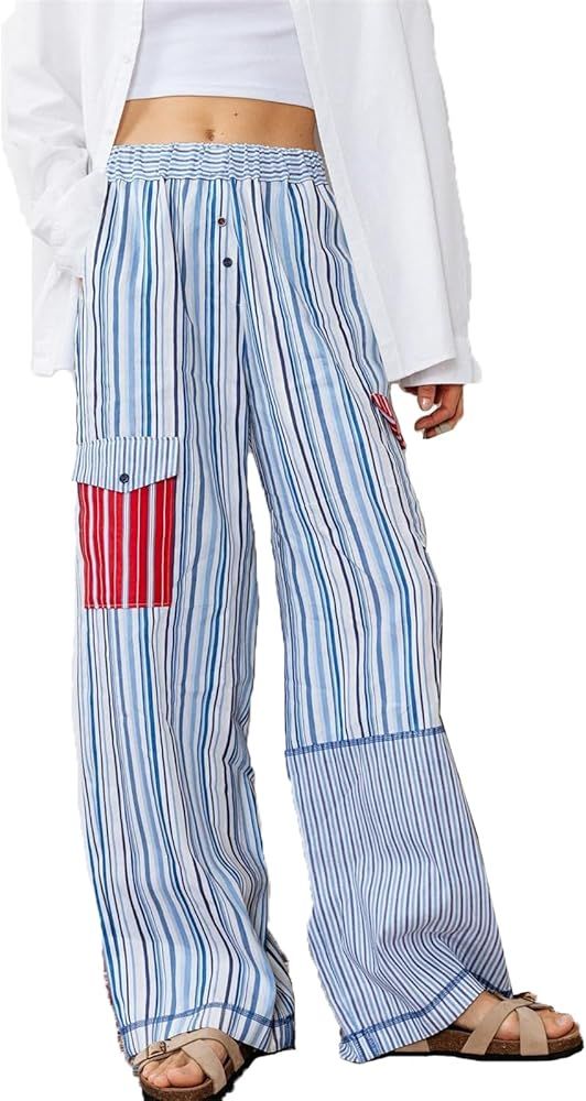 Women Striped Patchwork Pants Y2k Wide Leg Lounge Pants Casual Loose High Waist Pajama Pants Trou... | Amazon (US)