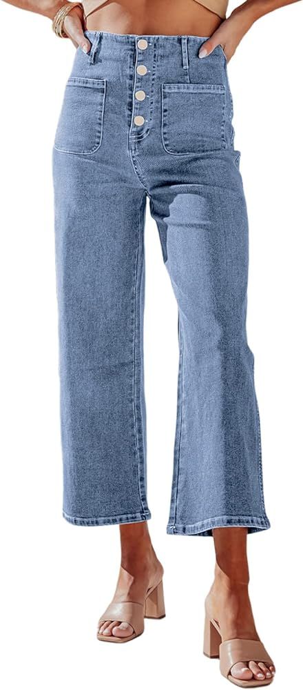 Women's Wide Leg Jeans High Waisted Stretchy Straight Leg Jeans Buttoned Loose Denim Pants with Pock | Amazon (US)