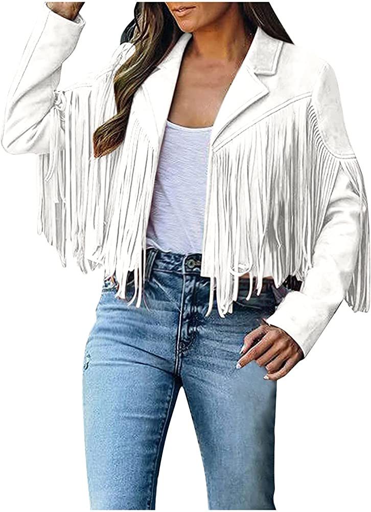 BOXIACEY Women's Leather Jacket Faux Suede Fringe Jacket Long Sleeve Lapel Vintage Coats Open Fro... | Amazon (US)