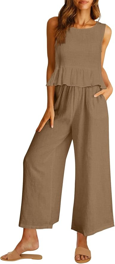 AUTOMET Womens Summer 2 Piece Outfits Linen Crop Tank Tops Lounge Matching Sets & Long Track Pant... | Amazon (US)