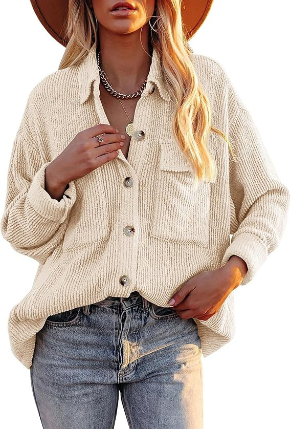 Womens Corduroy Button Down Shirt Long Sleeve Casual Jacket Tops Shacket | Amazon (US)